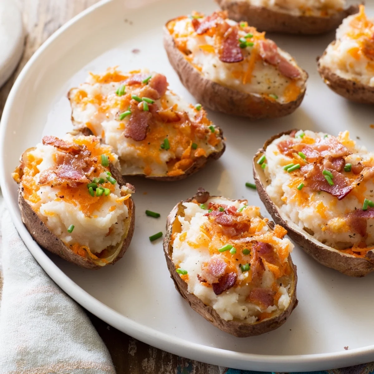 Warm, cheesy Loaded Sweet Potato Skins with a crispy potato base, ready to eat and enjoy.
