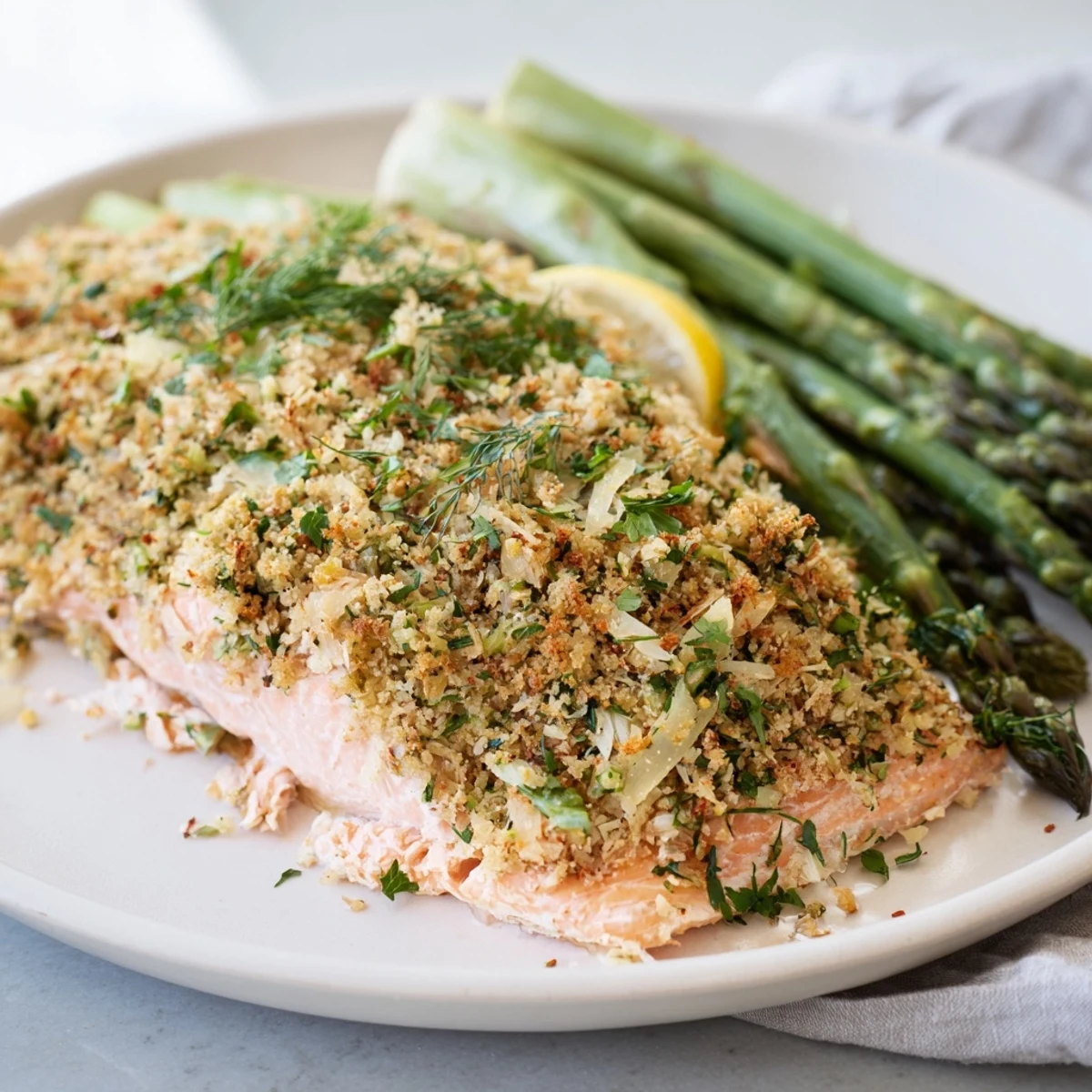 Crispy herb-crusted salmon with vibrant green asparagus, ready for a delicious dinner.