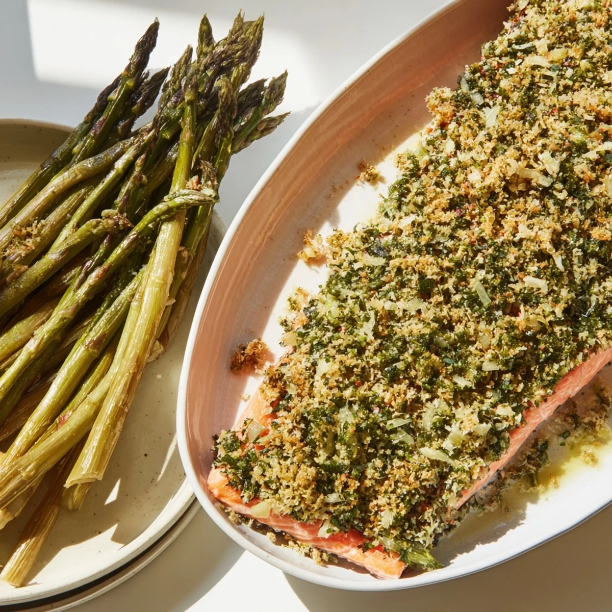Golden-crusted herb salmon, baked to perfection with tender asparagus; a quick, healthy meal.