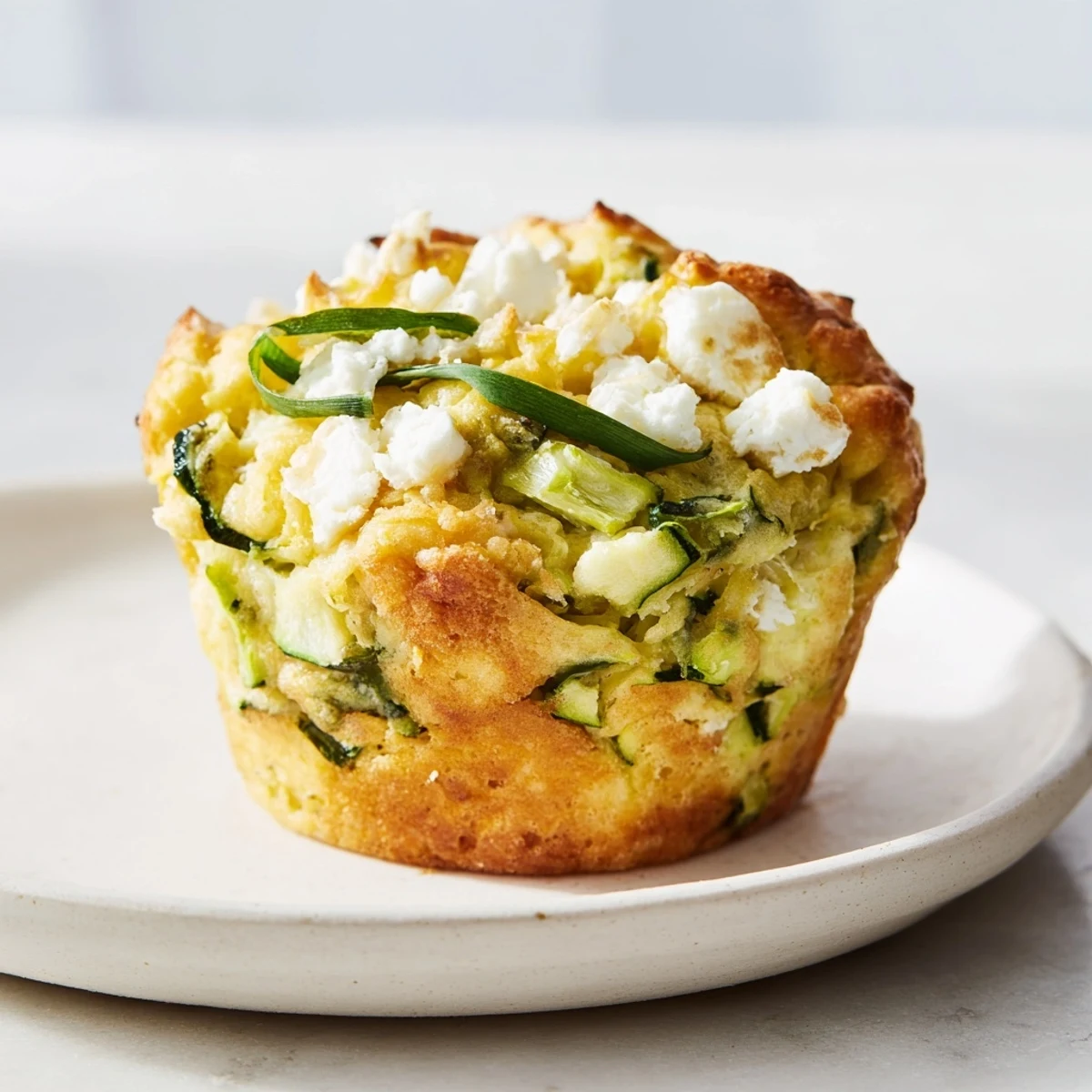 Close-up of a rustic, freshly baked Savory Zucchini and Feta Muffin, capturing its savory aroma.