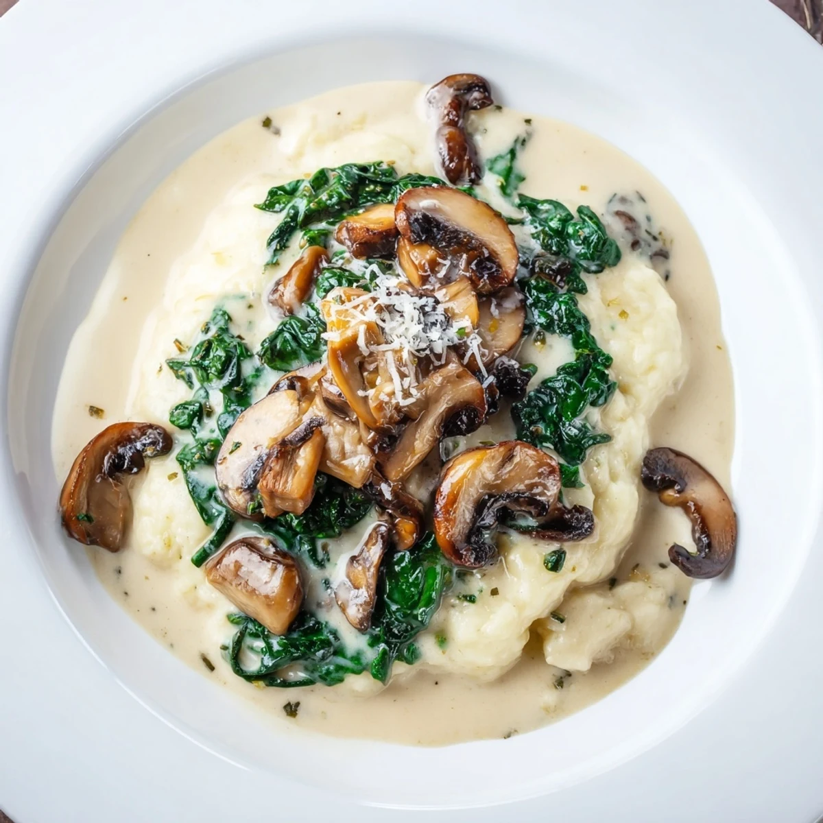 A close-up of creamy One-Dish Mushroom and Spinach Gnocchi, ready and garnished on a plate with fresh flavors.
