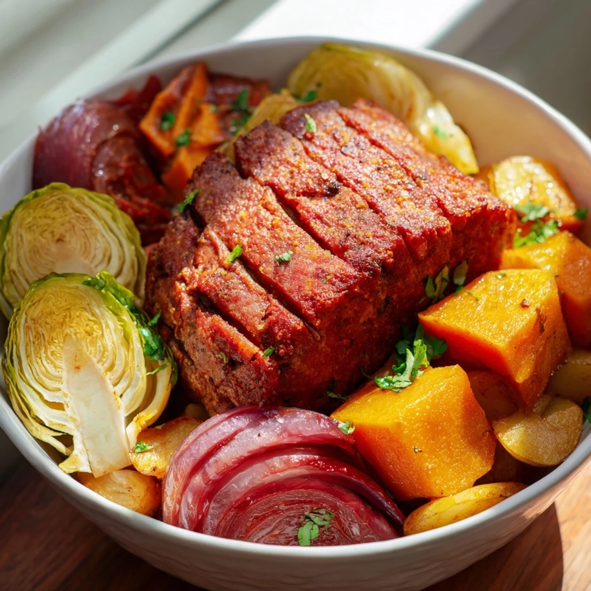 Golden-brown Hearty Sheet Pan Sausage and Autumn Veggie Medley, with tender vegetables and savory sausage slices.