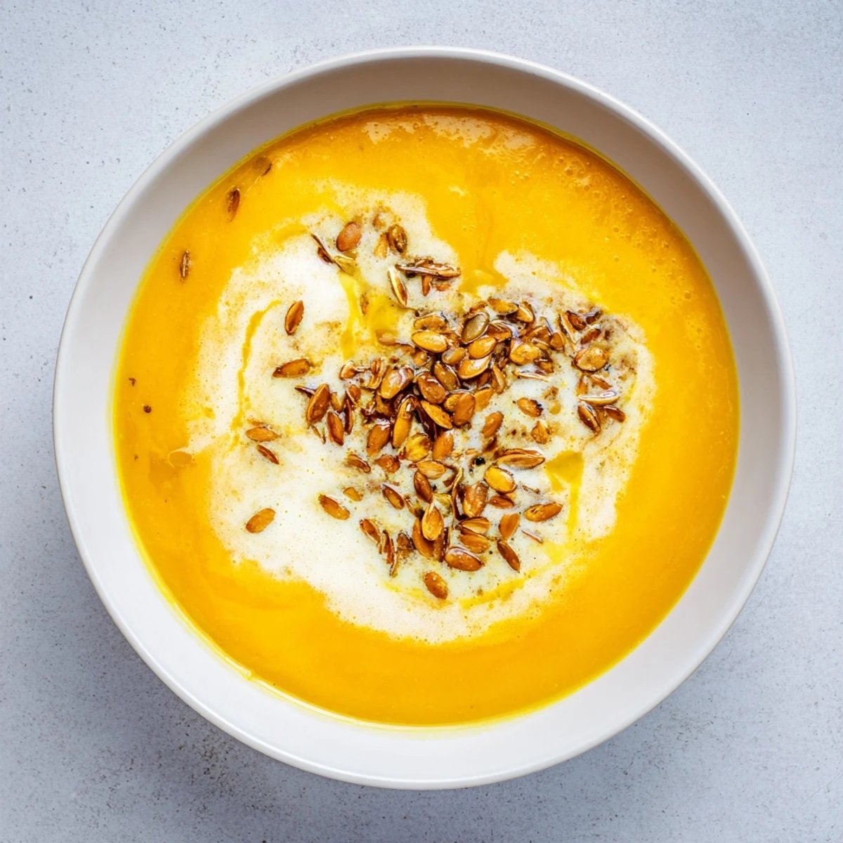 Golden, smooth creamy roasted pumpkin soup being ladled, ready to eat soon.