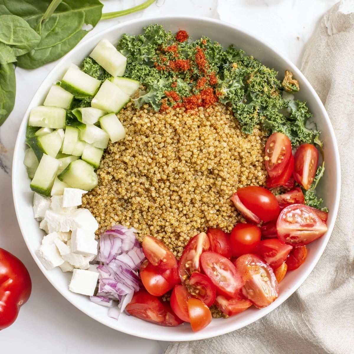 Mediterranean grain bowl with roasted chickpeas and feta, featuring vibrant veggies, a flavorful and healthy lunch idea.