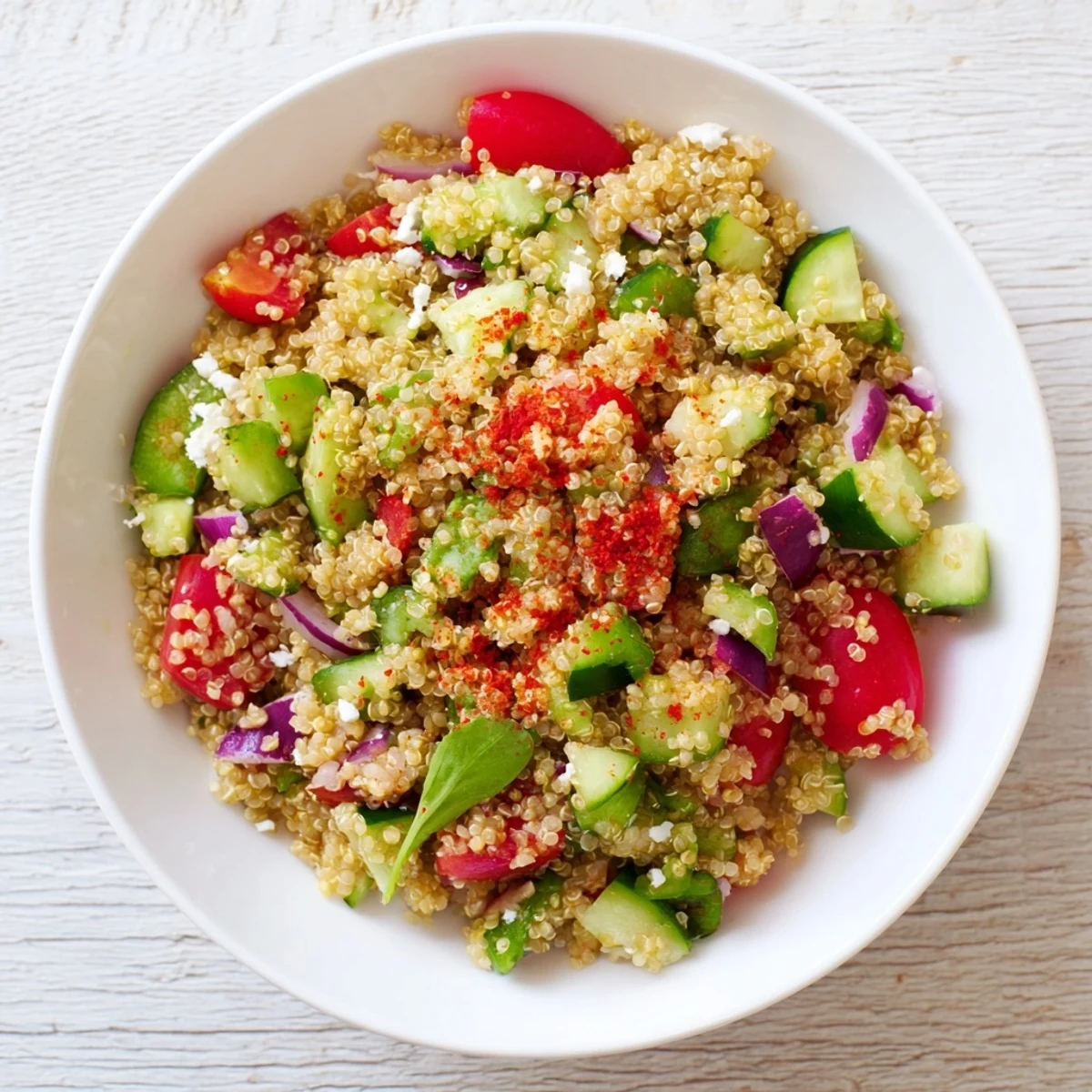 A beautiful, colorful Mediterranean grain bowl, showcasing crispy chickpeas and creamy feta topping the fluffy grains.