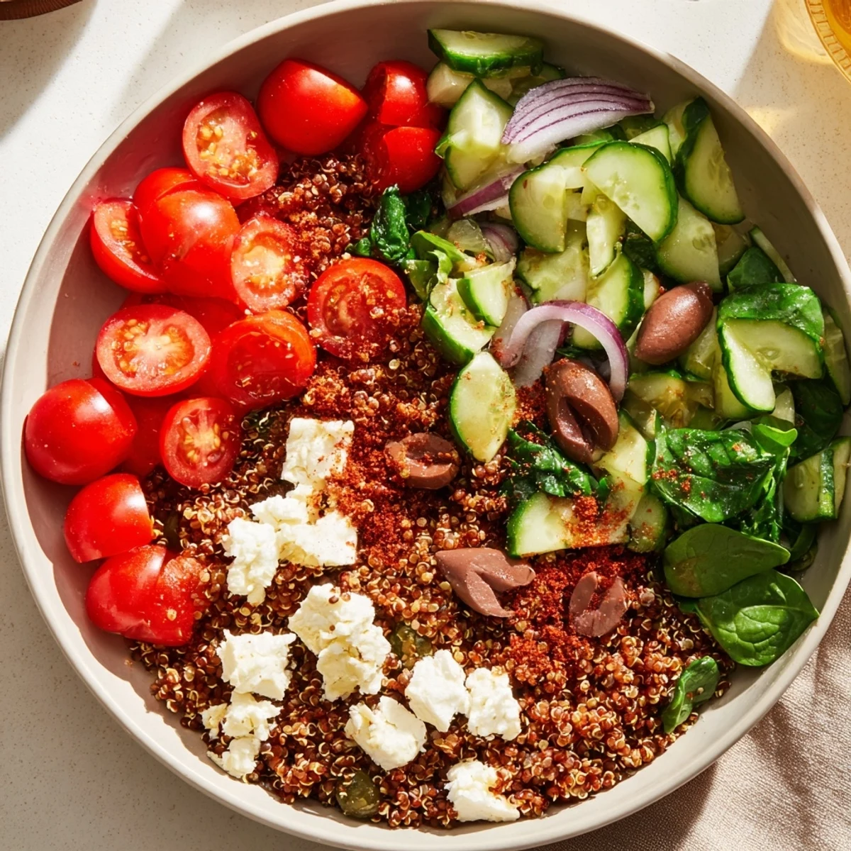 Close-up of a delicious Mediterranean grain bowl: a wholesome mix of textures and flavors, perfect for dinner.