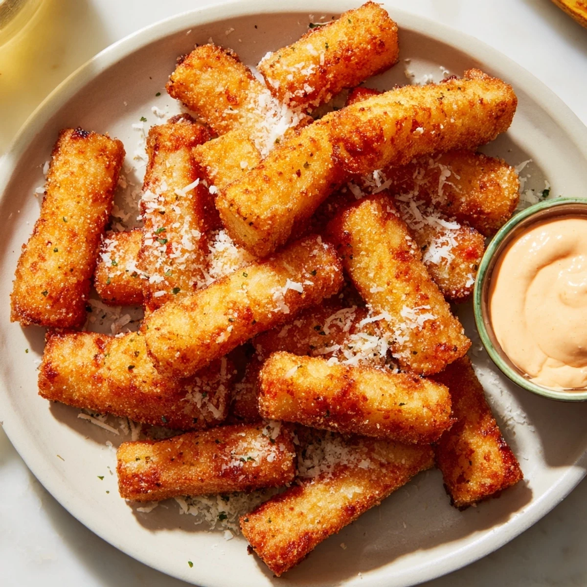 Golden, crispy Parmesan zucchini fries ready to eat, served with a creamy, herbed dipping sauce.