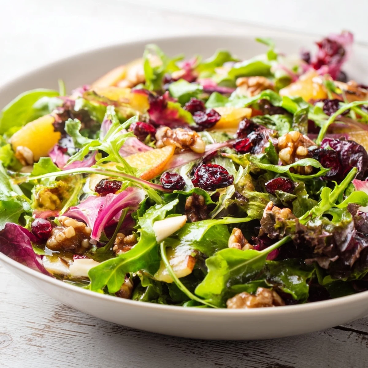 A radiant Seasonal Cranberry and Walnut Celebration Salad with bright cranberries and feta cheese.