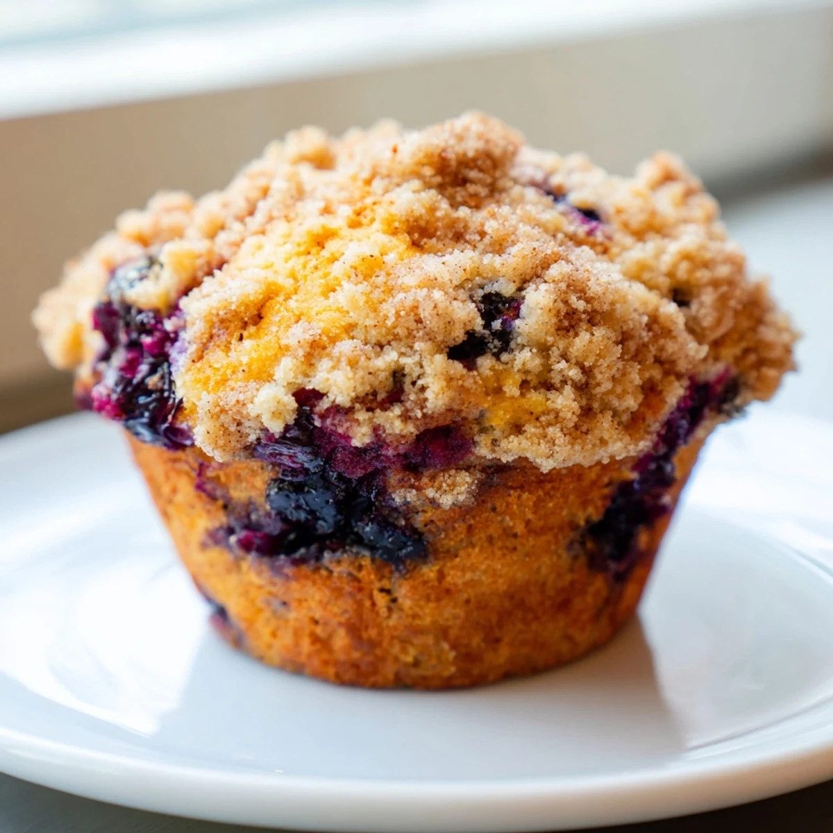 Golden-topped fluffy homemade blueberry muffins with a crunchy streusel, perfect for breakfast.