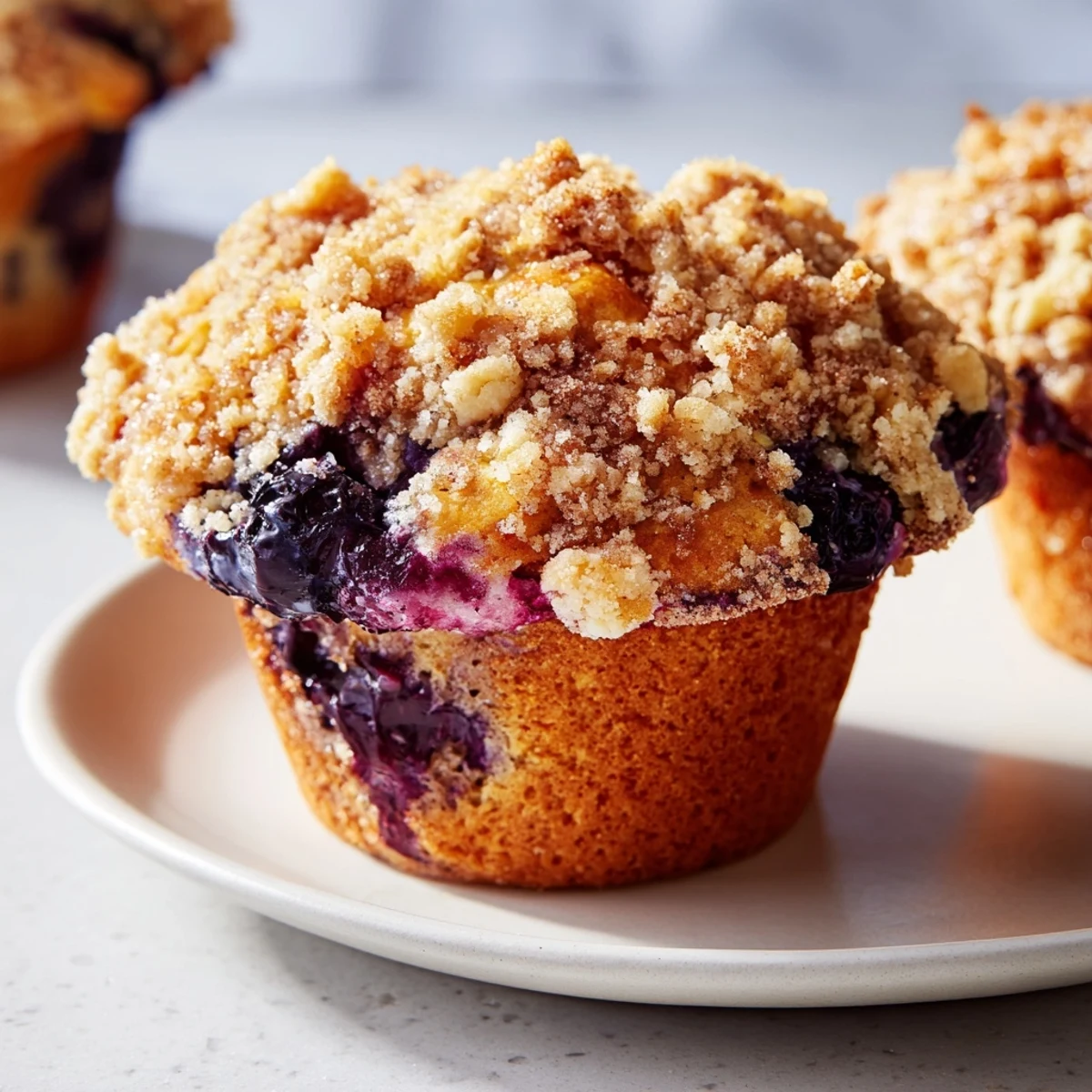 Freshly baked homemade blueberry muffins showcasing juicy blueberries and sweet streusel topping.