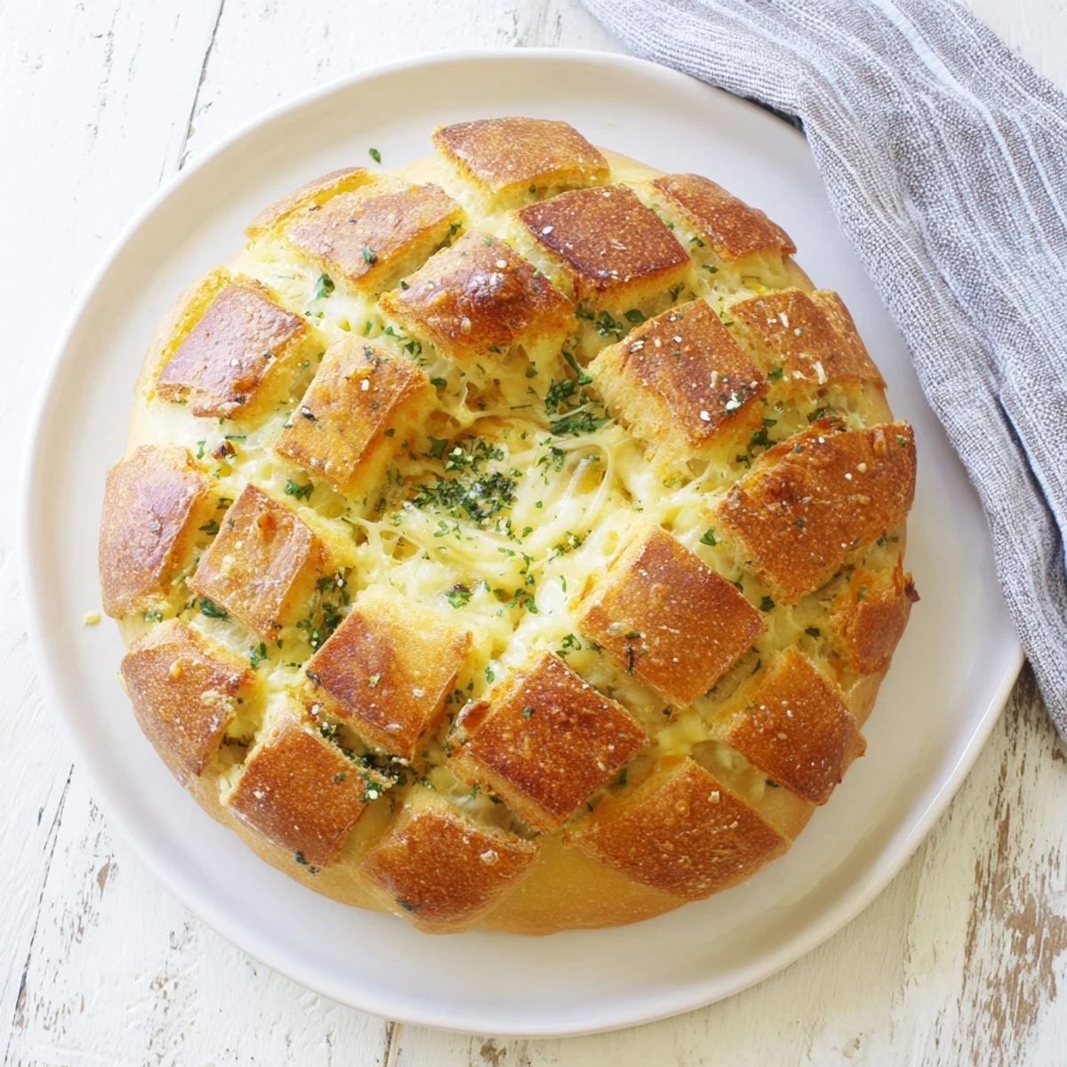 Golden, cheesy garlic pull-apart bread, fresh from the oven, with bubbly cheese and herbed crumbs.