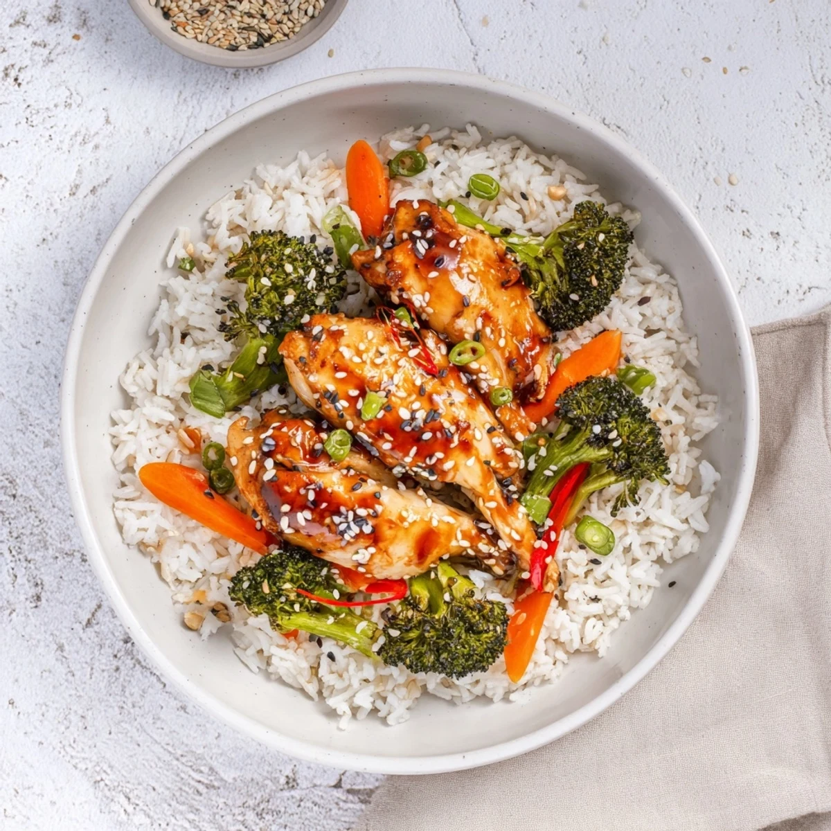 Tender, glazed One-Pot Teriyaki Chicken and Rice Bake with vibrant vegetables, ready to serve.