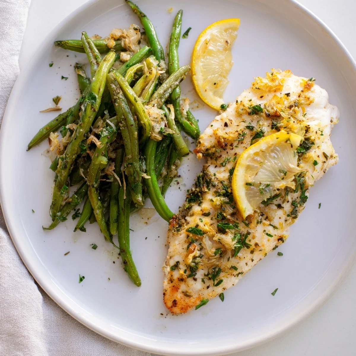 Golden-brown Sheet Pan Lemon Herb Tilapia resting next to vibrant green beans, ready to serve.