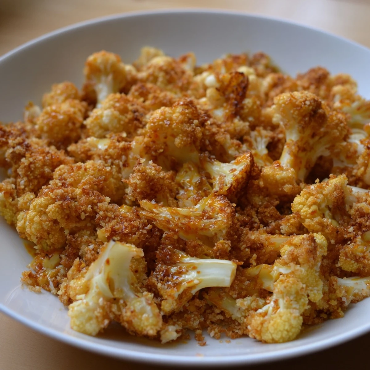 Golden, crispy air-fryer Buffalo cauliflower bites, ready to be dipped and enjoyed as a snack.