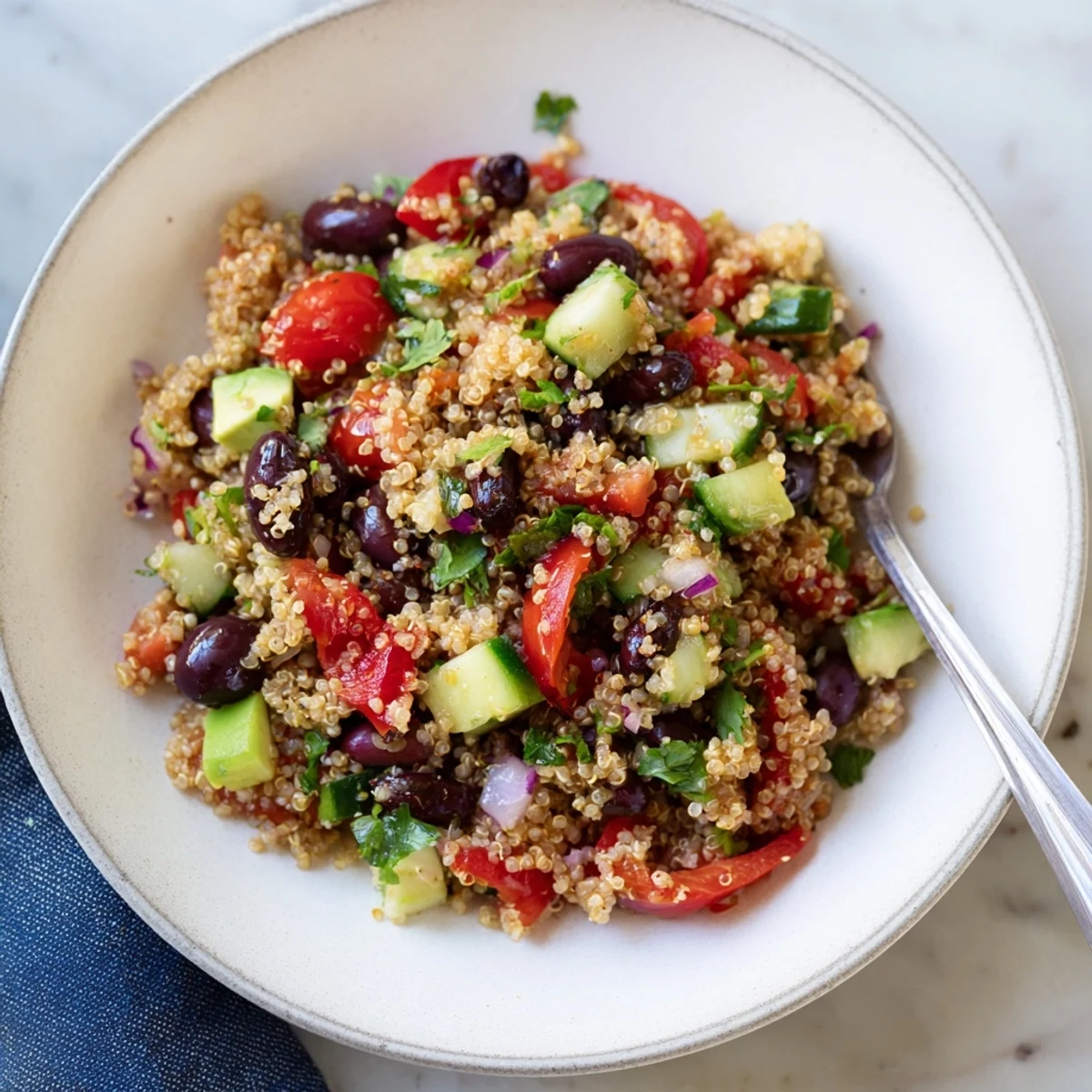 Vibrant quinoa and black bean salad with lime, colorful veggies, and a zesty, refreshing dressing.
