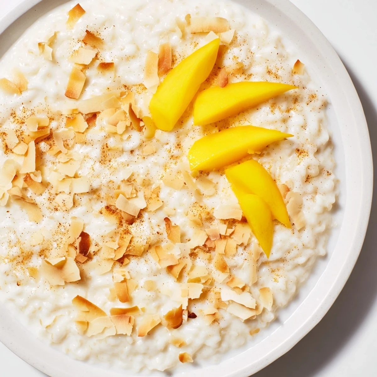 Golden toasted coconut flakes topping a bowl of creamy Toasted Coconut Rice Pudding.