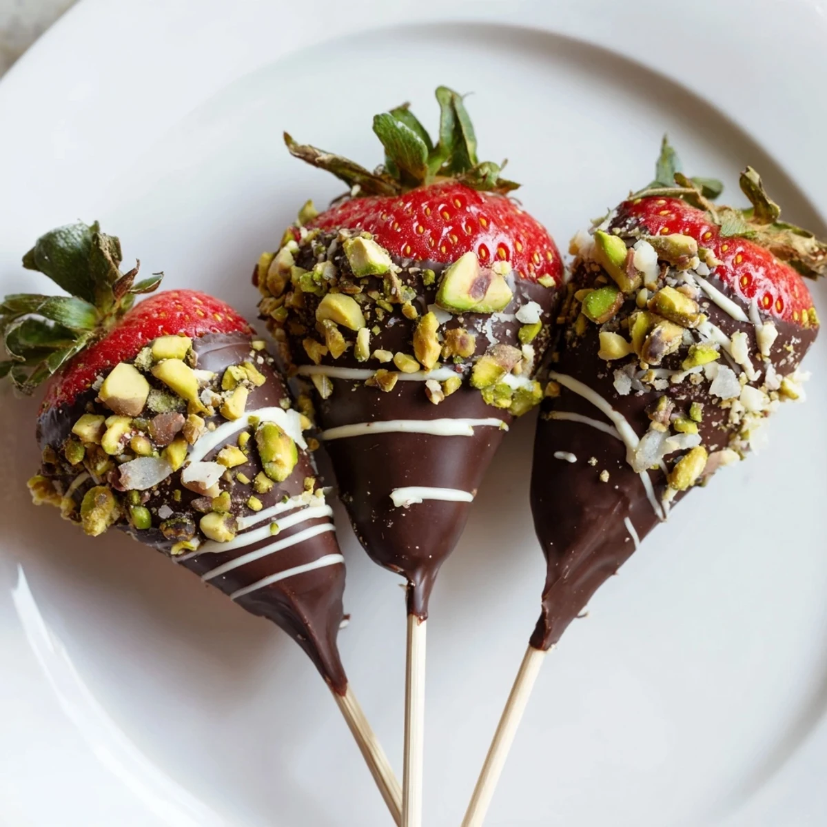 Chocolate-dipped strawberry skewers glistening with melted dark chocolate, ready for a sweet bite.