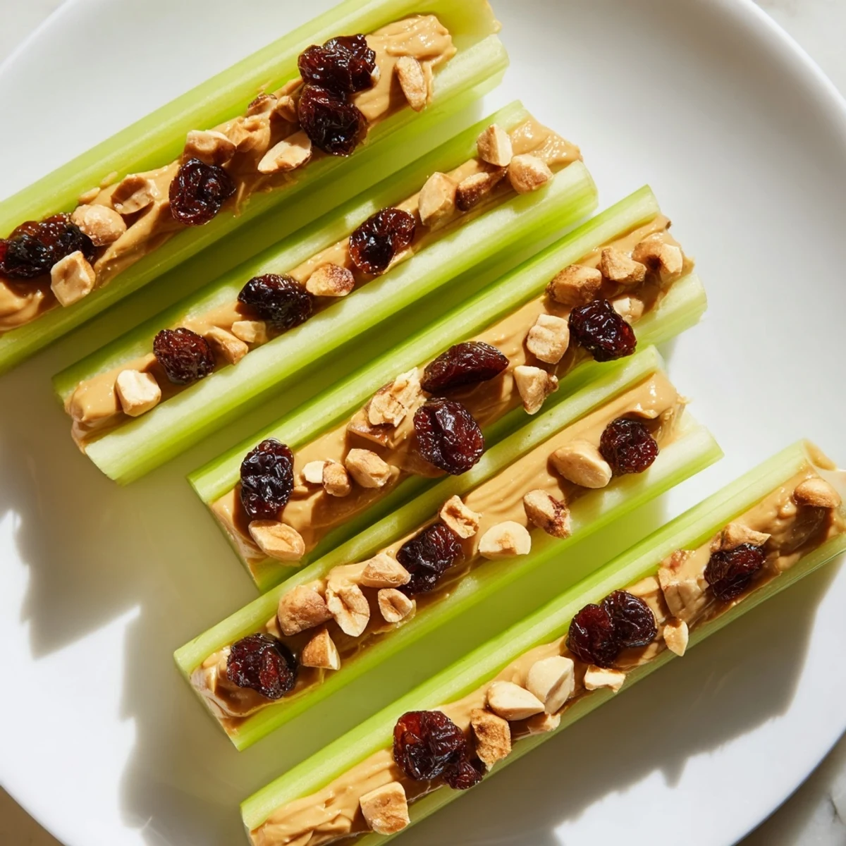 Fresh peanut butter celery sticks, a healthy snack, with the peanut butter's rich, creamy texture.