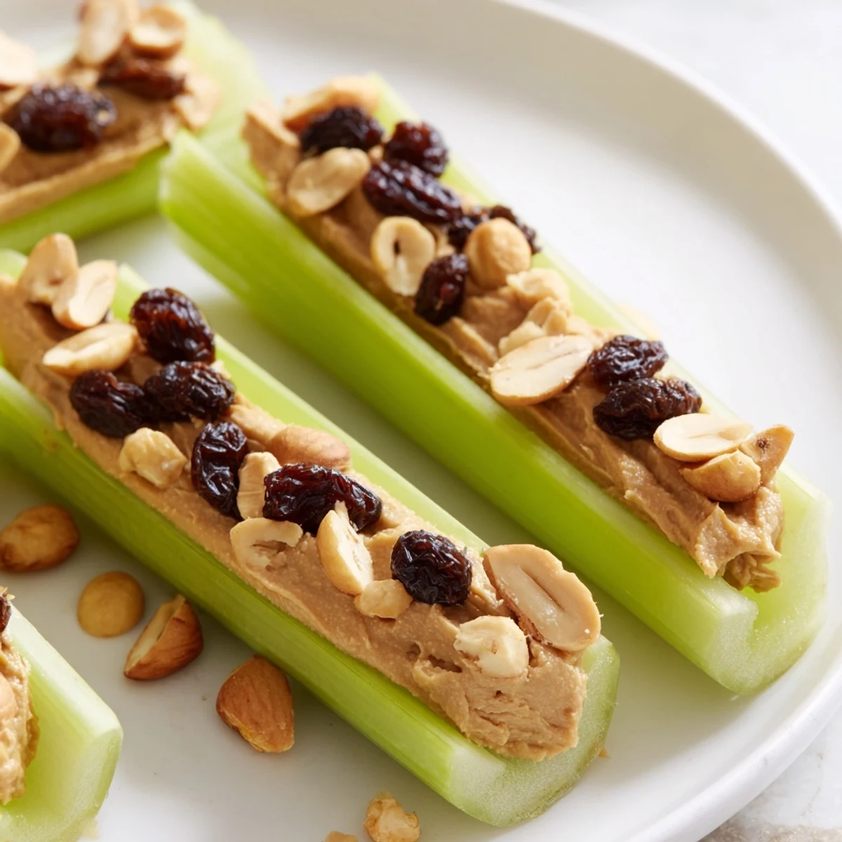 Close-up of peanut butter celery sticks, showing the peanut butter filling and crunchy, raw celery.