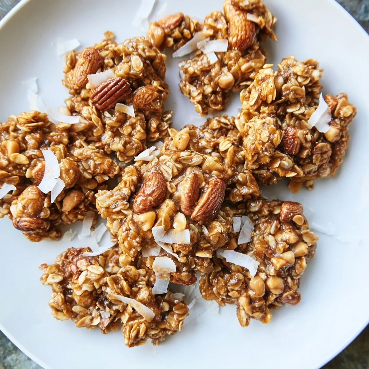 Golden-brown Honey Nut Granola Clusters, ready to eat, offer a delightful crunch, perfect for breakfast.
