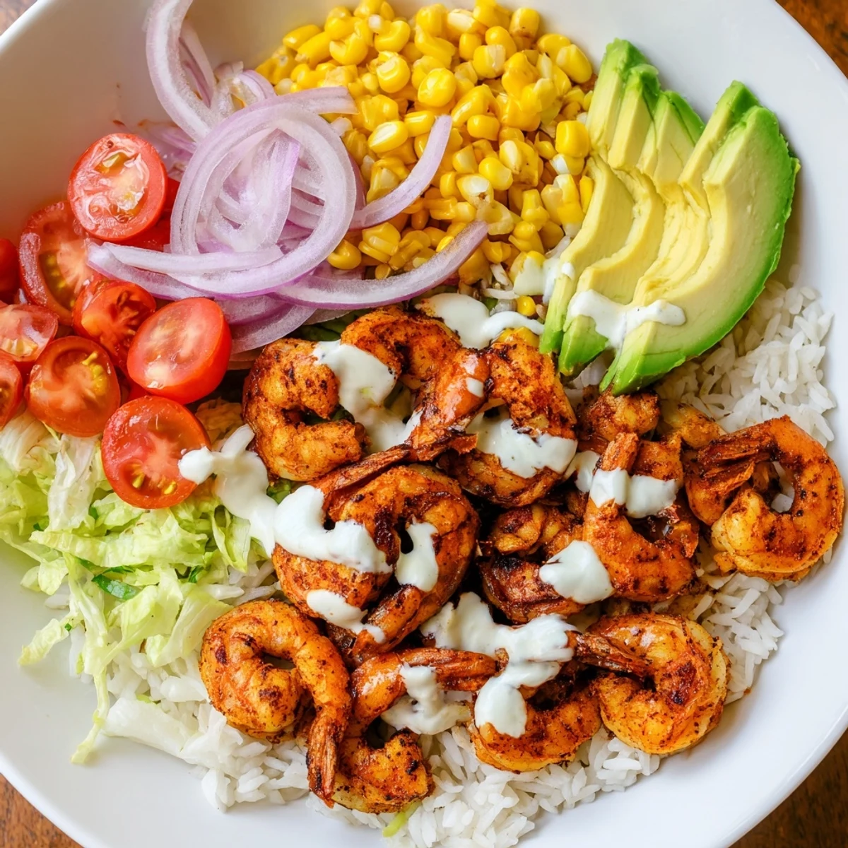 Savory Cajun Shrimp Taco Bowls with vibrant toppings, a zesty lime sauce, and hot, flavorful shrimp.