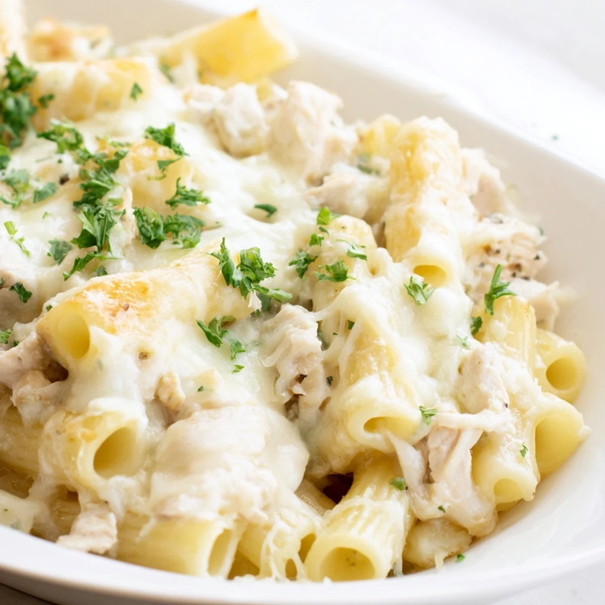 Golden, bubbly Chicken Alfredo Bake, featuring creamy sauce, tender chicken, and melted cheese, ready to serve!