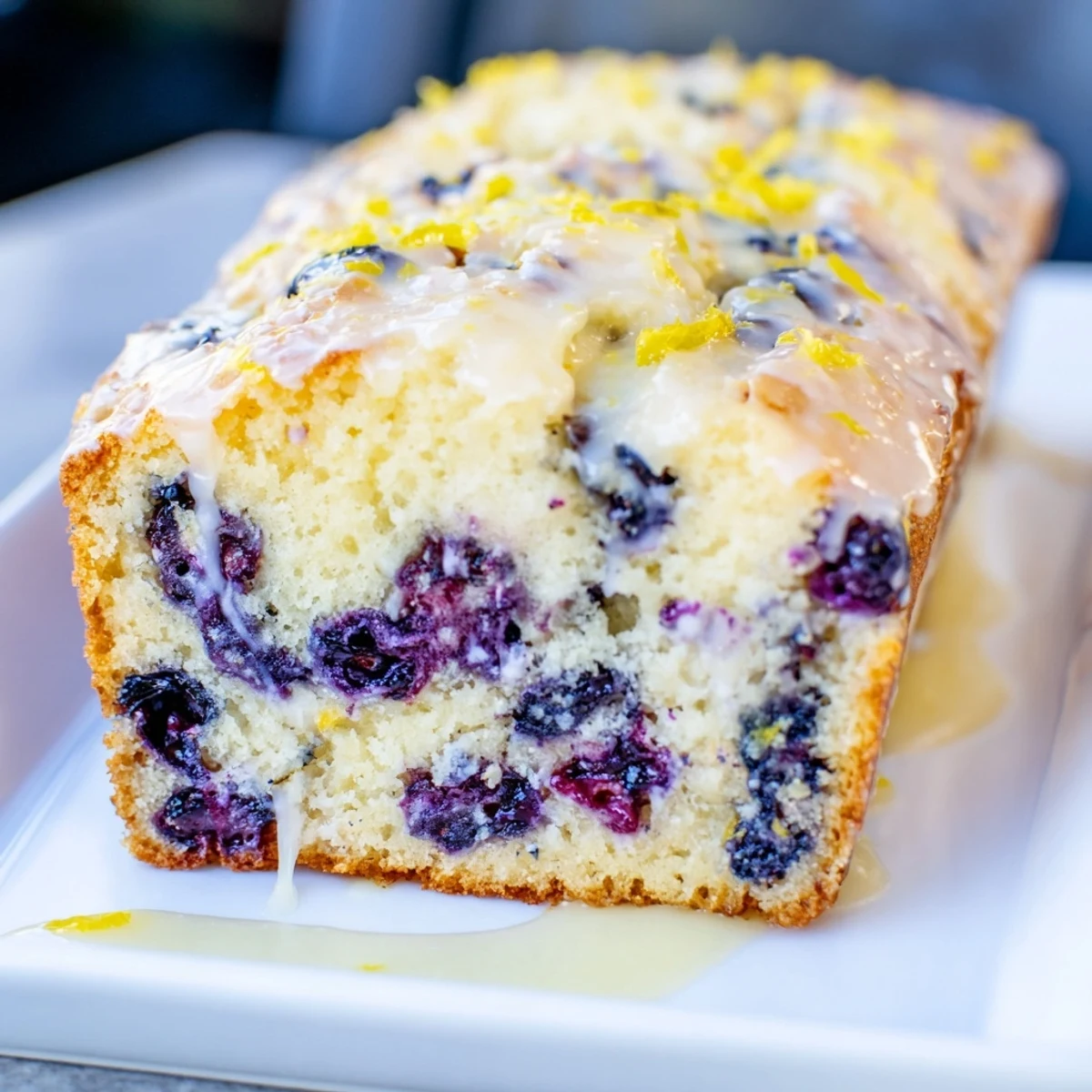 A slice of warm, inviting Lemon Blueberry Yogurt Loaf, topped with a sweet lemon glaze.