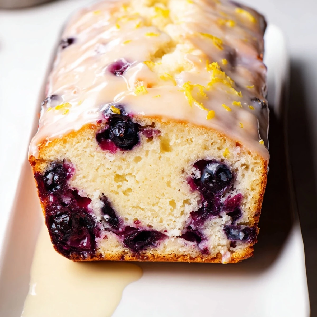 A close-up of a tender, homemade Lemon Blueberry Yogurt Loaf with plump, juicy blueberries visible.