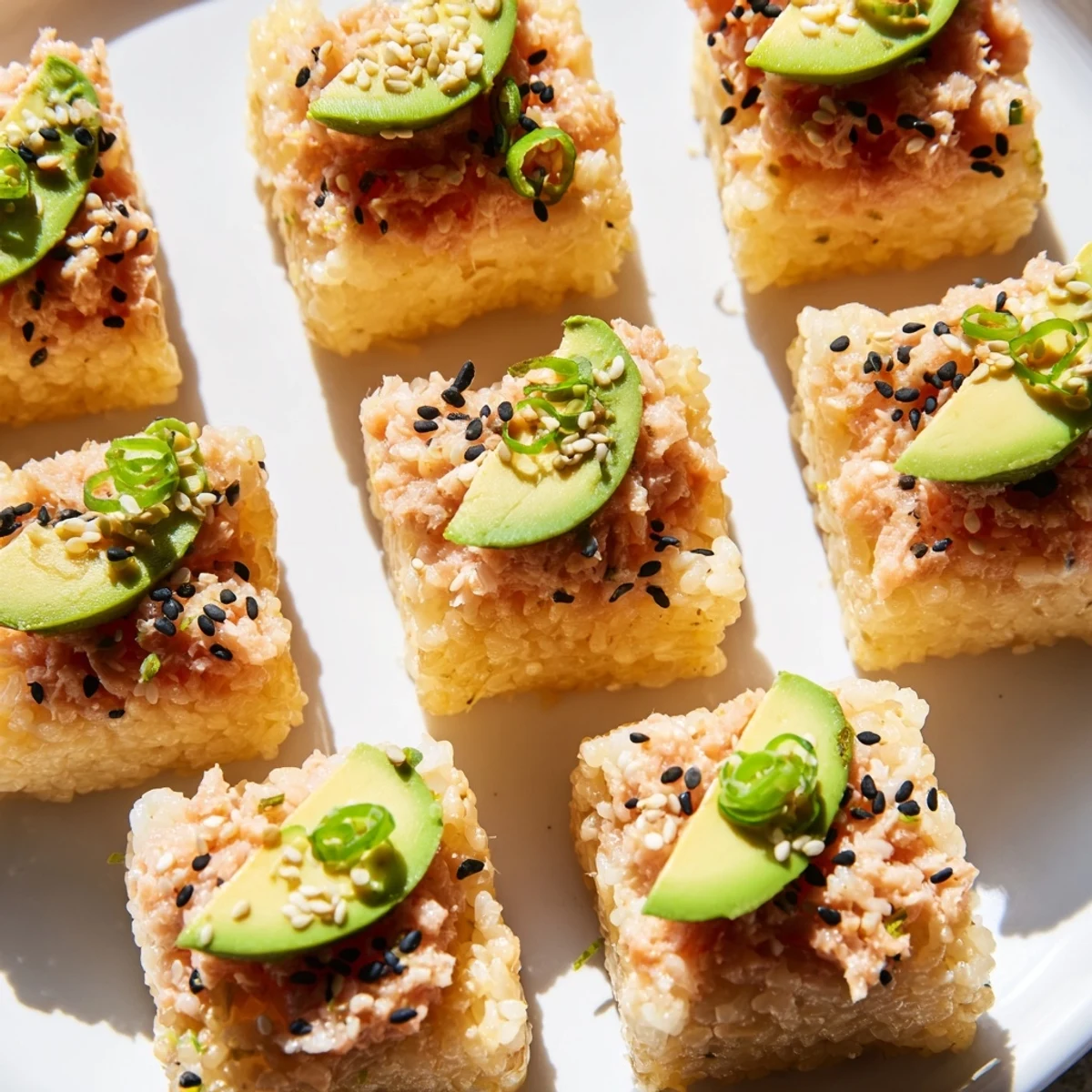 Golden-brown spicy tuna crispy rice squares topped with creamy tuna and avocado, ready to eat.