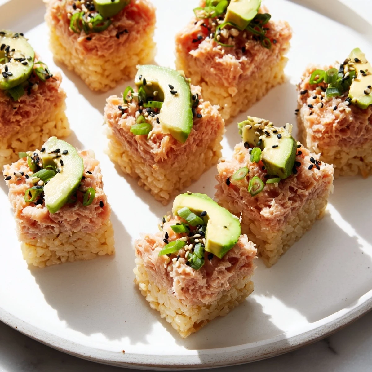 Overhead shot: Enjoy a plate of crispy, fried rice topped with spicy tuna, perfect party bites.