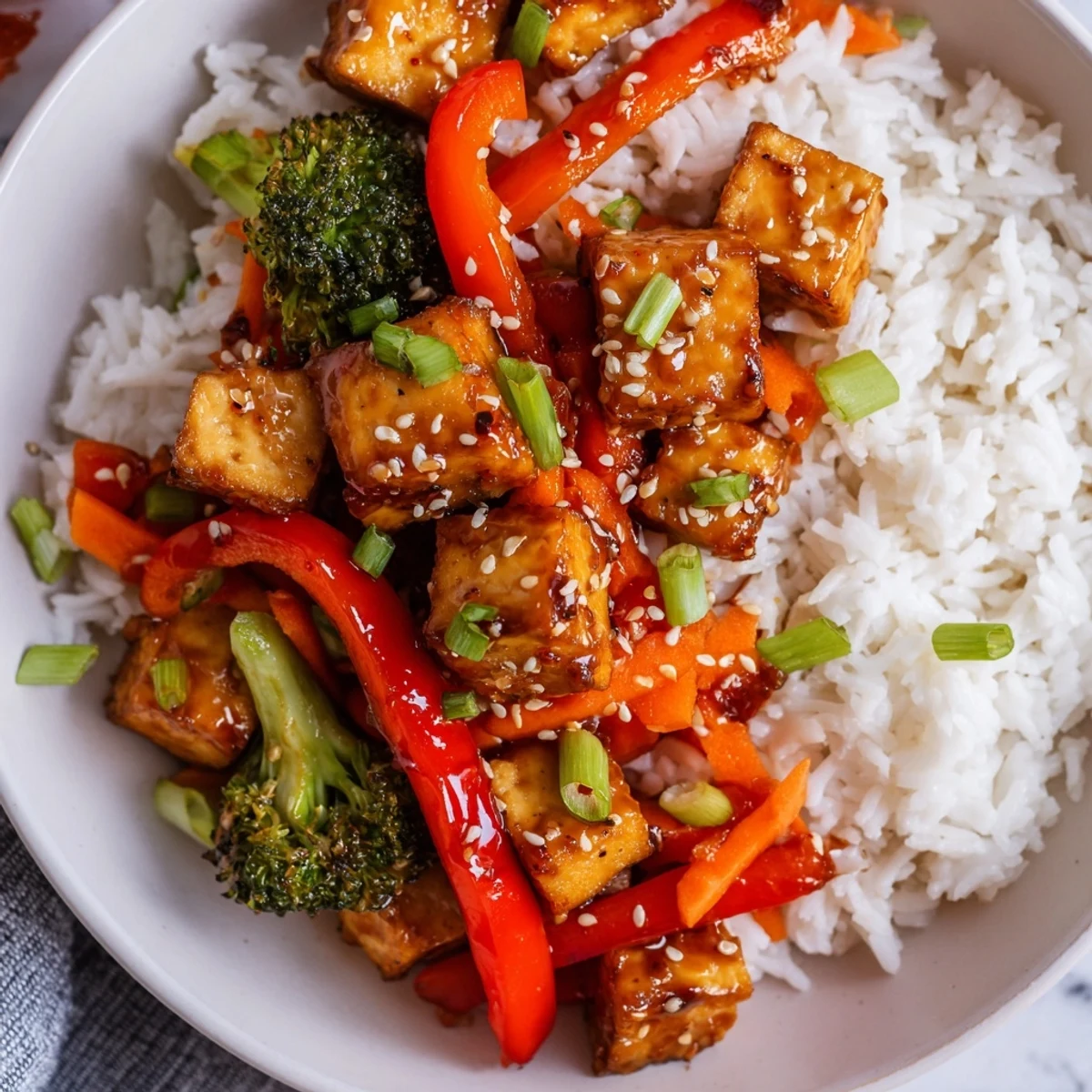 Crispy golden Honey Garlic Tofu Bowls, with vibrant veggies, glistening sauce, and fluffy rice for dinner.