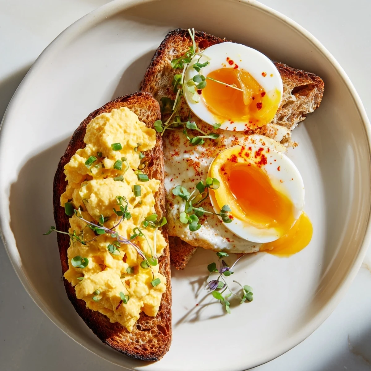 Golden toast topped with a flight of eggs: scrambled, soft-boiled, and fried, a perfect breakfast plate.