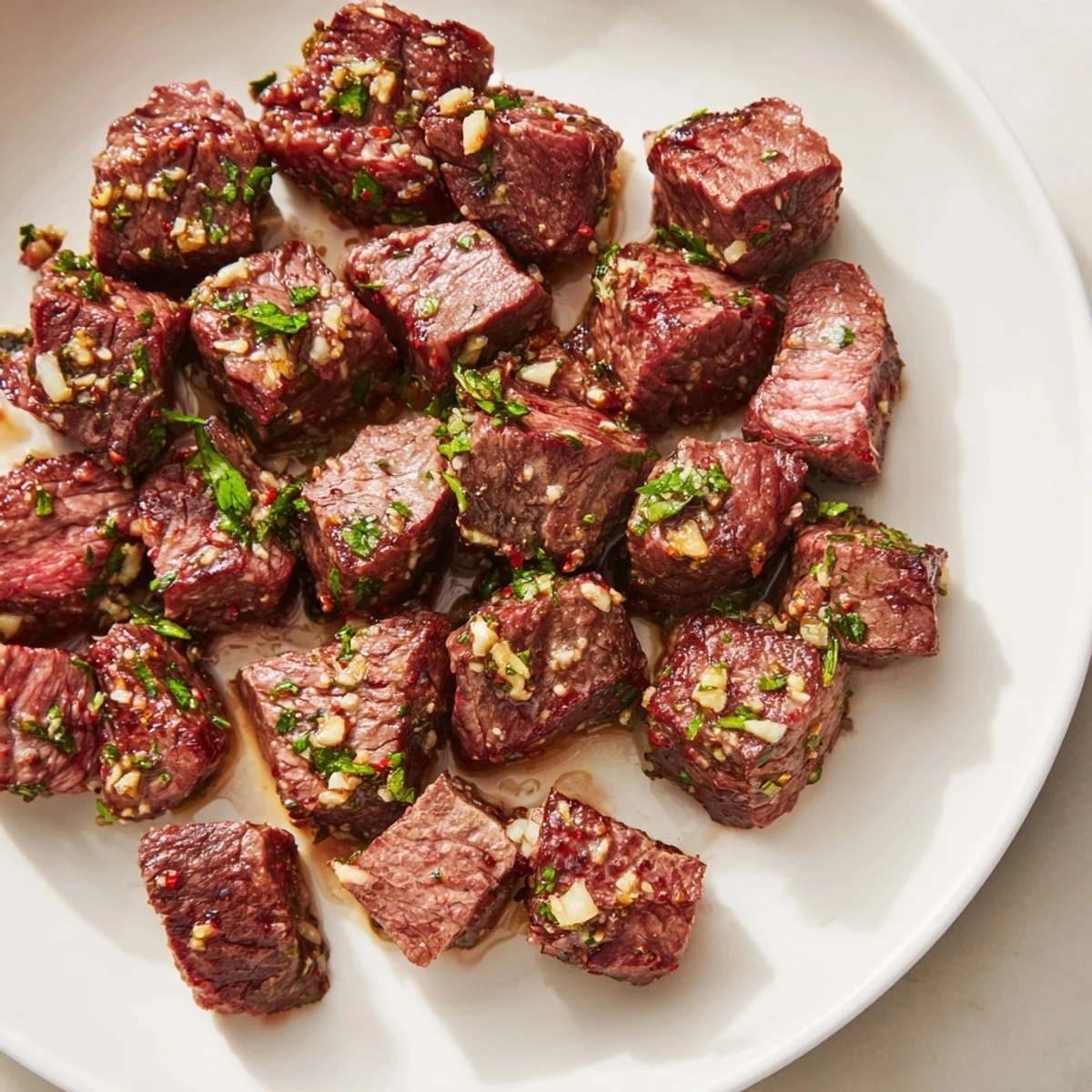 Golden-brown garlic butter steak bites, glistening in a pan, ready for your hungry enjoyment.