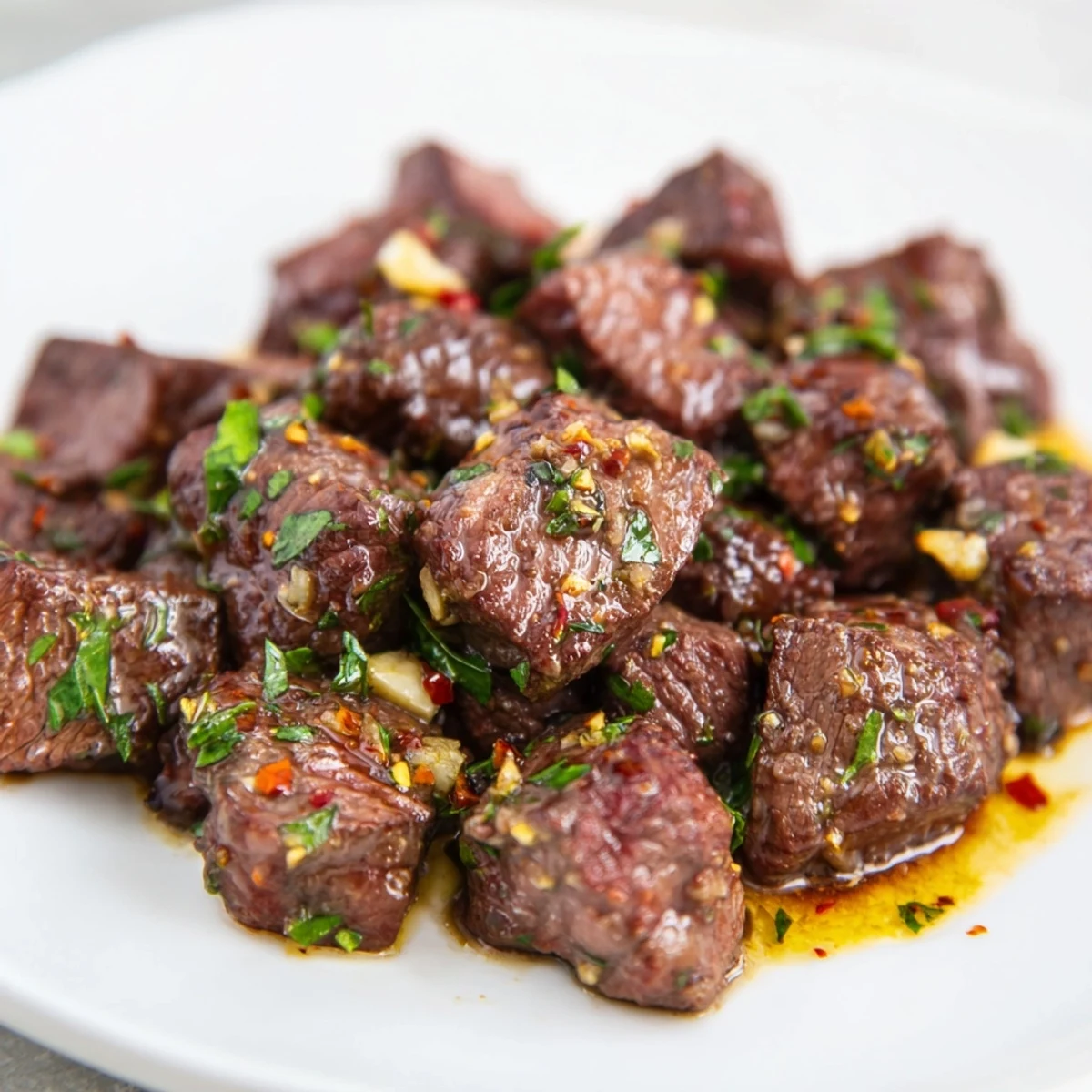 Savory garlic butter steak bites, perfectly seared with parsley, offering a delightful aroma and texture.