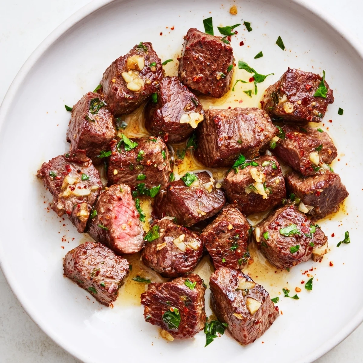 Tender, juicy garlic butter steak bites, served immediately with flavorful pan sauce, ideal for any meal.