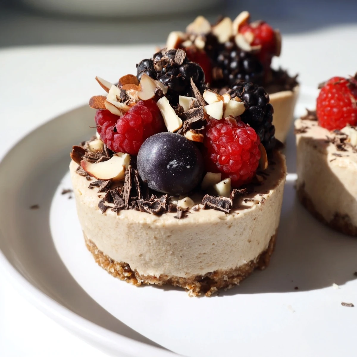 A close-up of delicious protein cheesecake cups topped with fresh berries, ideal after a workout.
