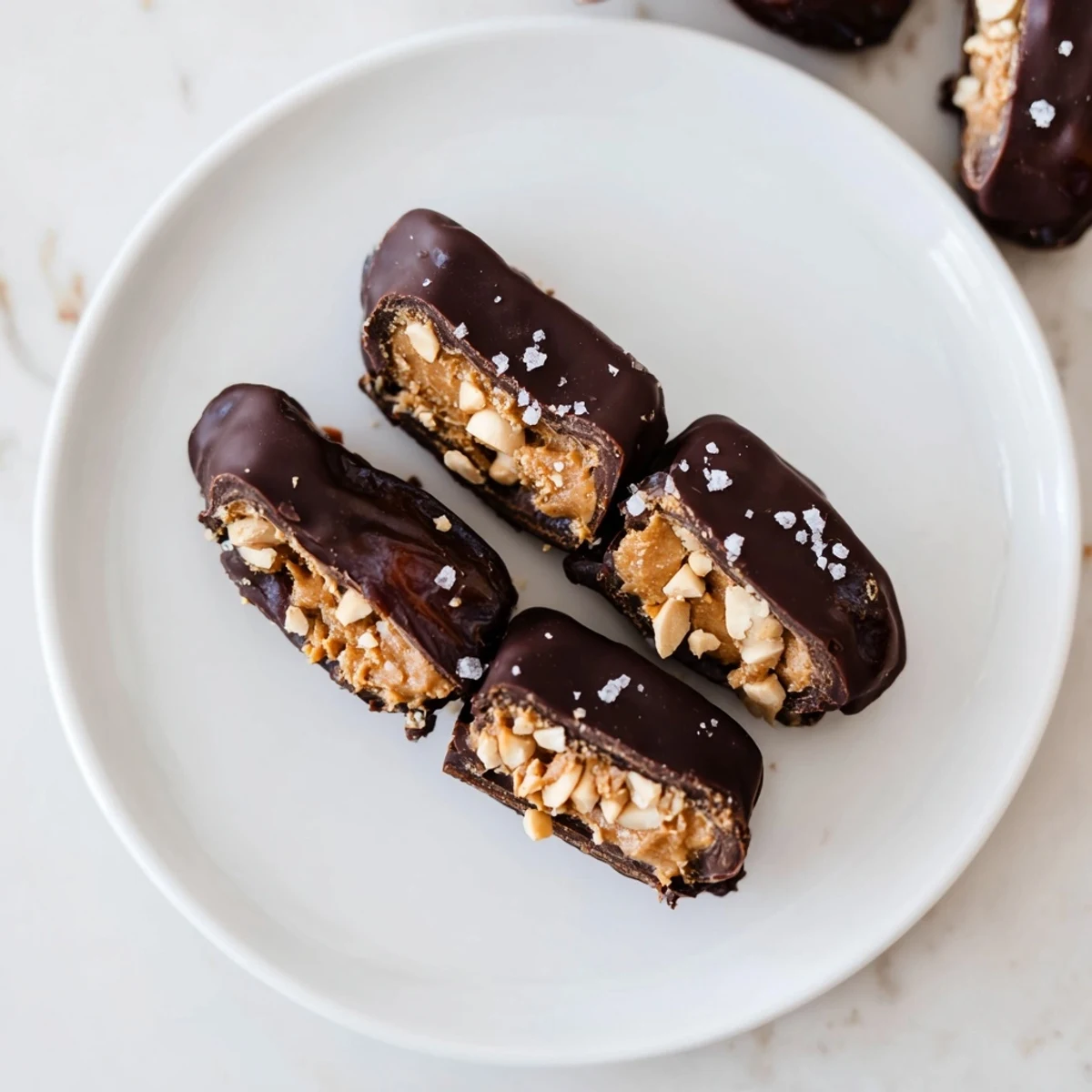 Chocolate Date Snickers coated in dark chocolate: a tempting treat with perfect peanut butter filling.