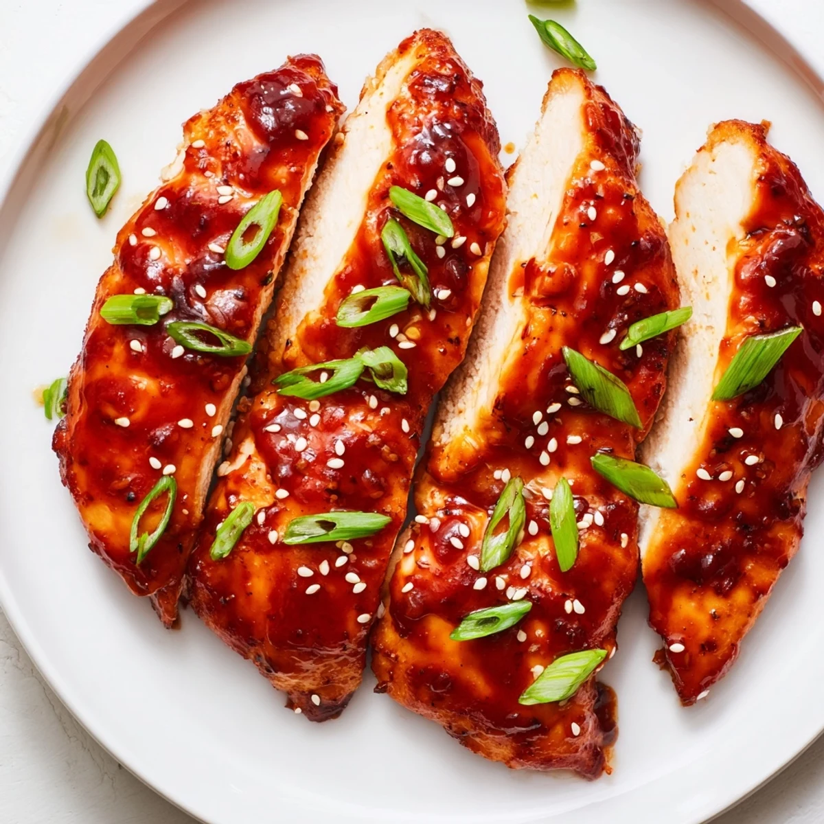 Golden-brown Sweet and Spicy Sriracha Honey Chicken, a flavorful main dish with sesame seed garnish.