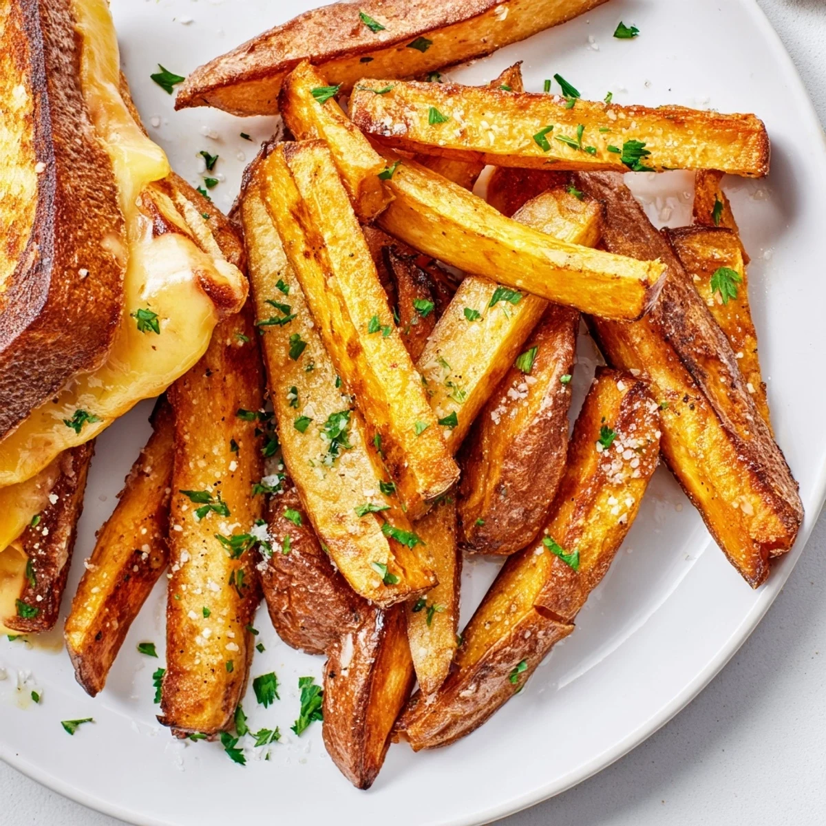 Golden-brown Beef Tallow French Fries Grilled Cheese, oozing melted cheese, a classic American comfort.