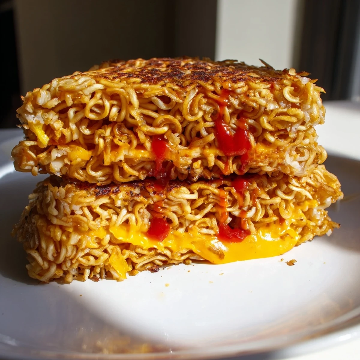 Golden-brown Instant Ramen Grilled Cheese melting with cheddar, offering a quick, savory meal.