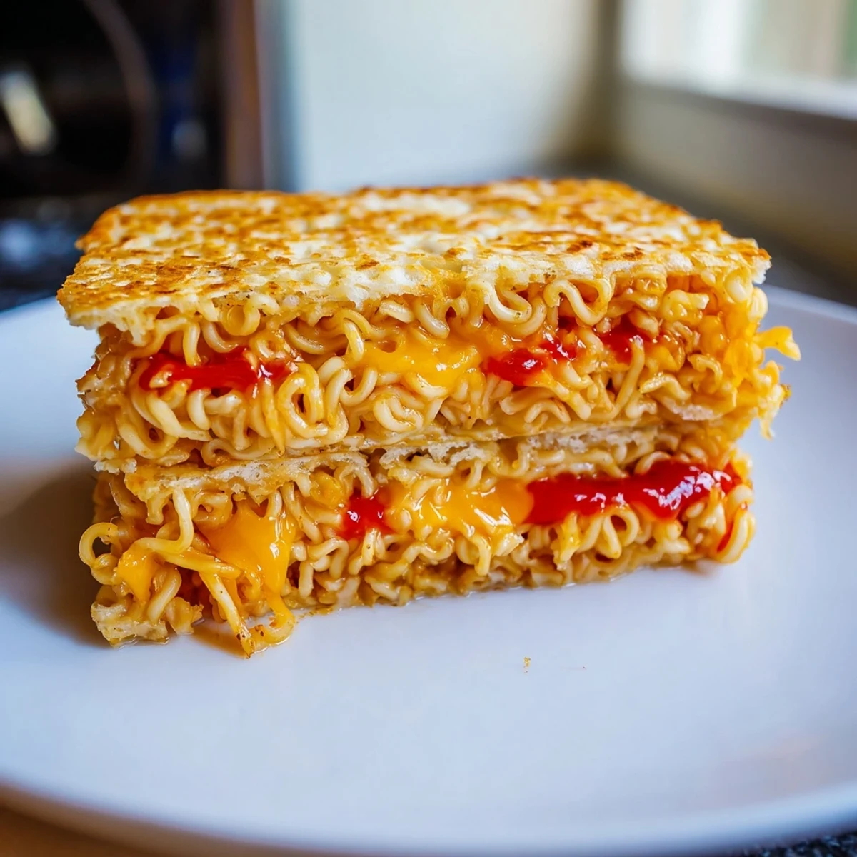 Gooey cheese oozing from a freshly made Instant Ramen Grilled Cheese, ready to eat and enjoy.