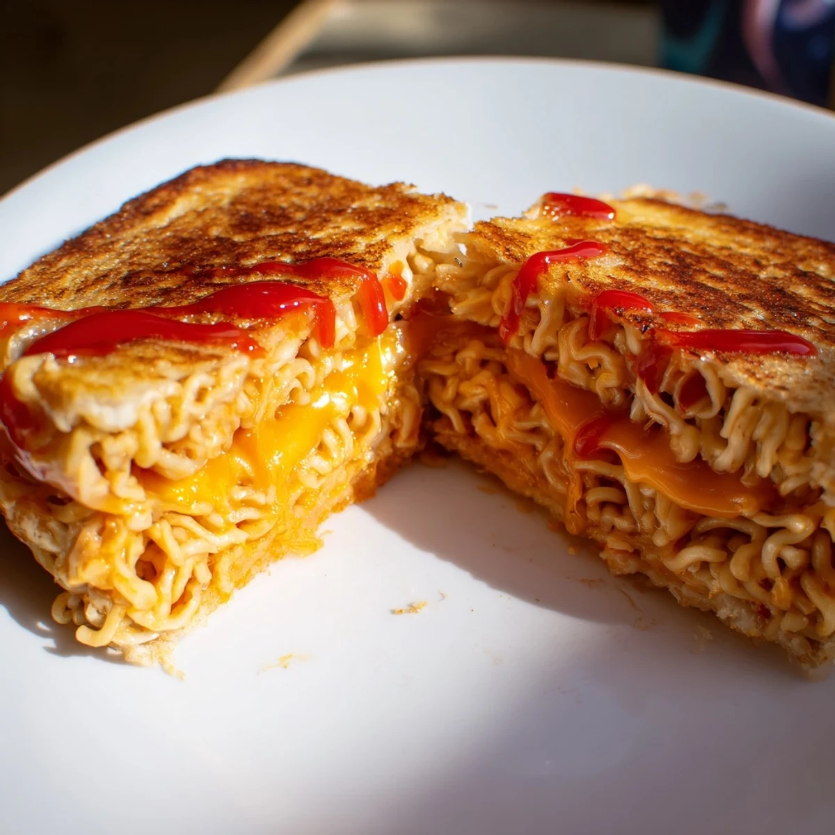 A close-up of a crispy Instant Ramen Grilled Cheese sandwich, perfect for a comforting lunch.