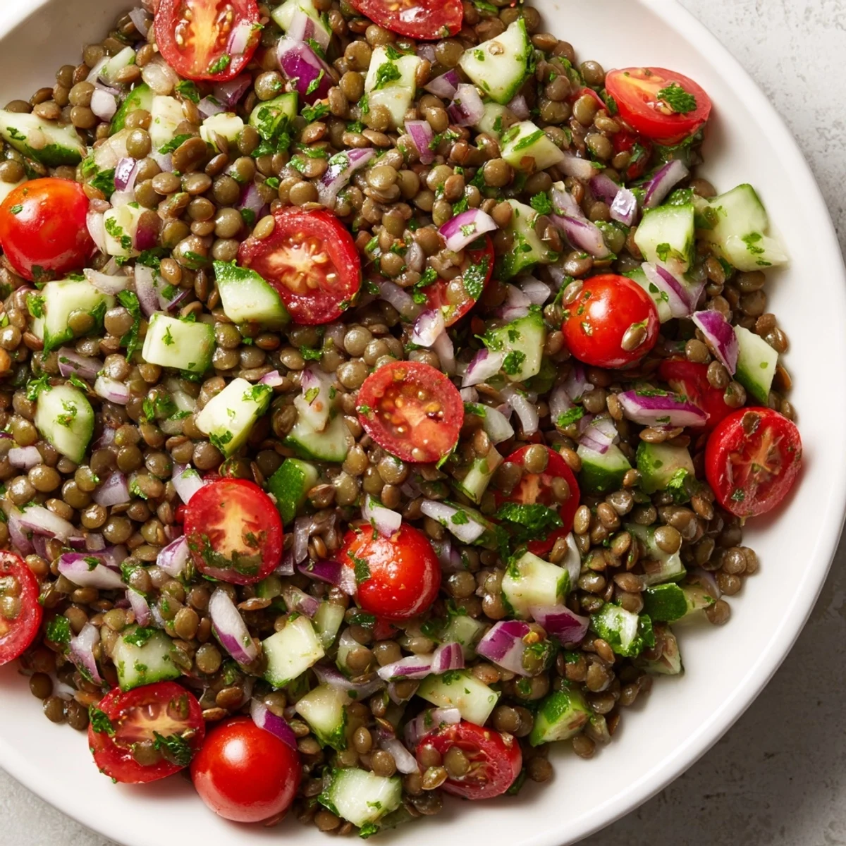 A colorful bowl of lentil salad, brimming with fresh ingredients and a zesty dressing.