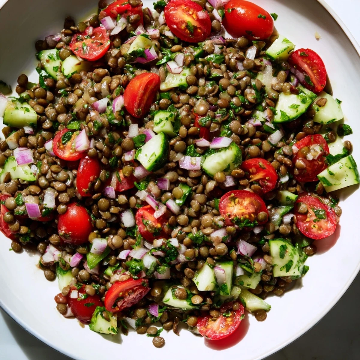 Hearty lentil salad with tender lentils and a delicious vinaigrette, perfect for a healthy meal.