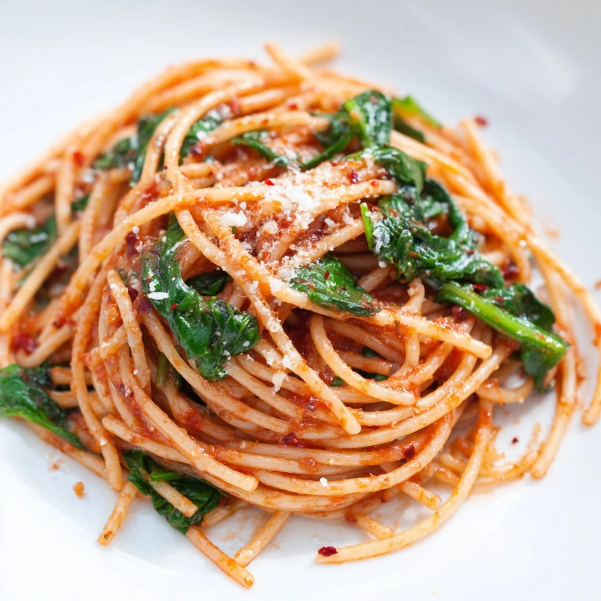 Quick Marinara Pasta with Spinach served in a bowl, steam rising from the savory marinara sauce.