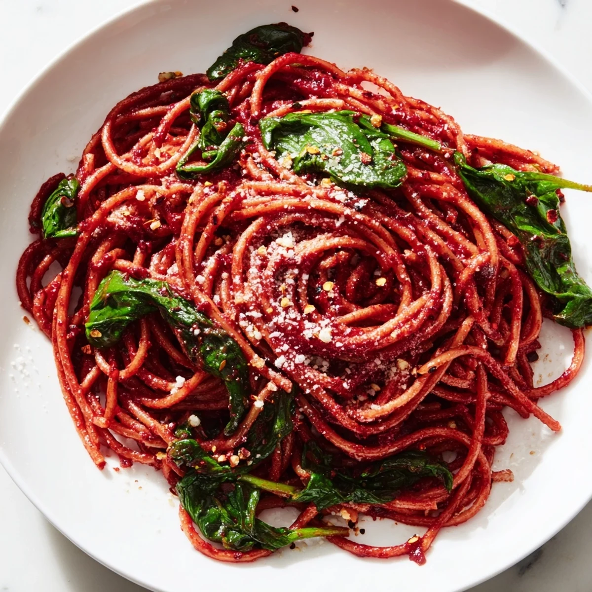 A close-up of Quick Marinara Pasta with Spinach, complete with fresh basil and Parmesan cheese.
