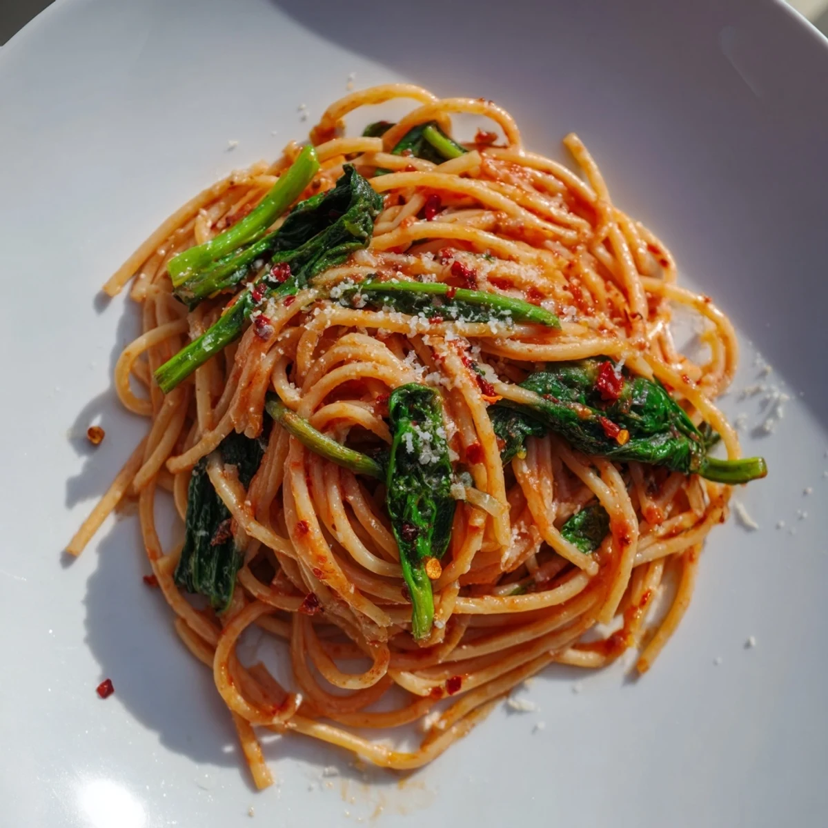 The vibrant red marinara sauce coats the pasta within this Easy Quick Marinara Pasta with Spinach dish.