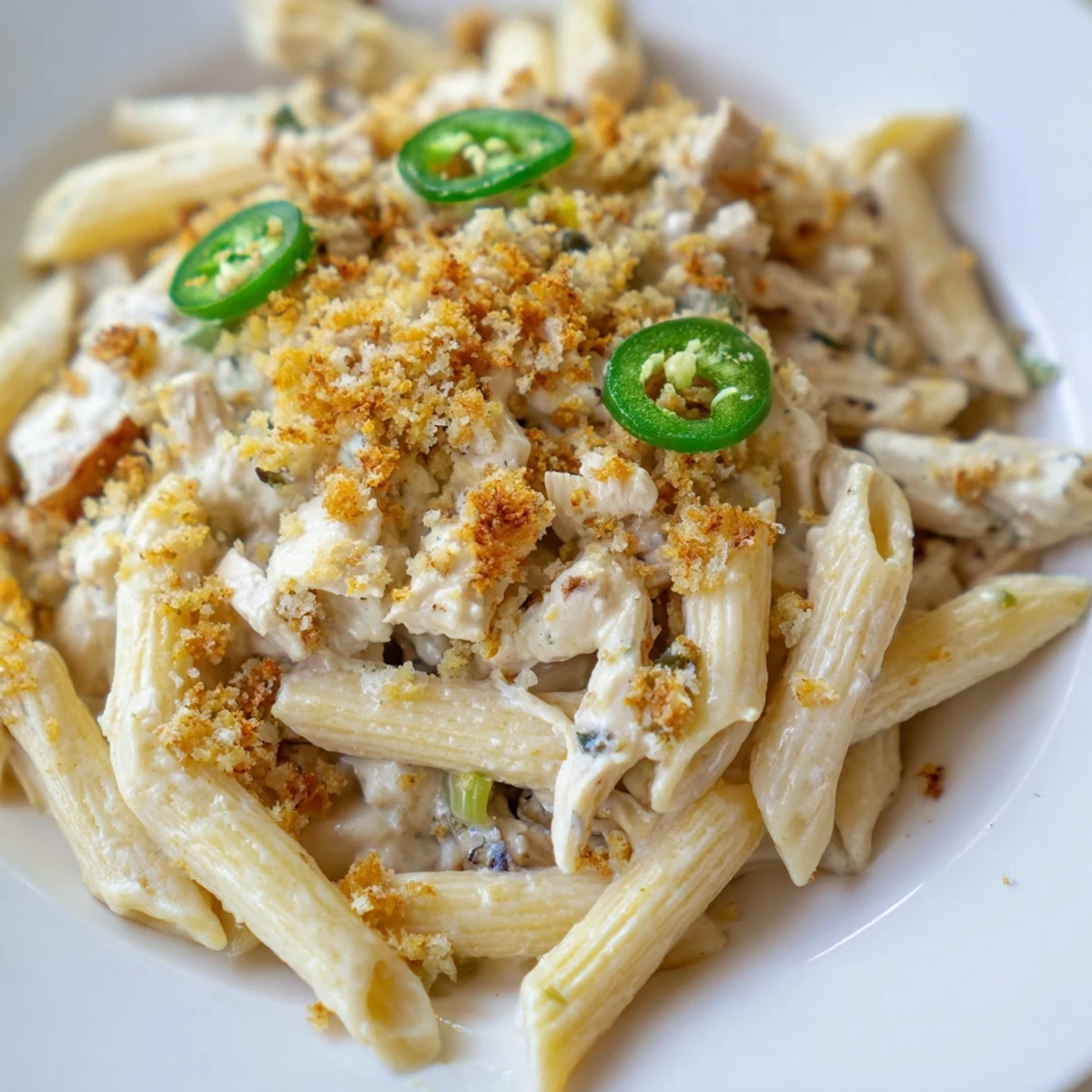 Creamy Jalapeño Popper Chicken Pasta, bubbling hot with a golden breadcrumb topping, is dinner ready.