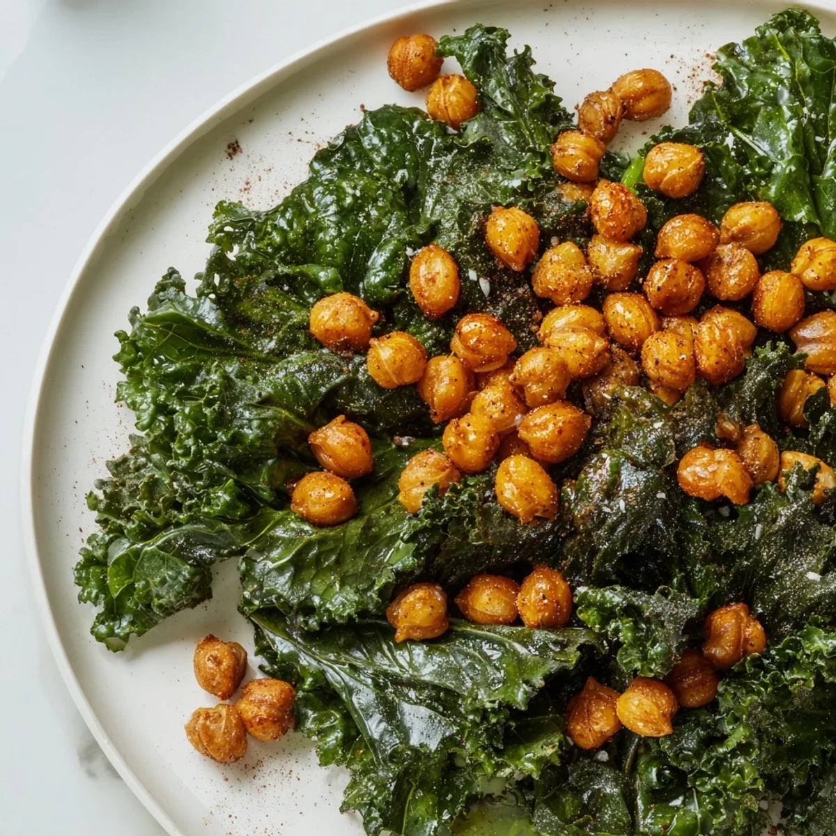 A warm bowl of the kale salad with crispy chickpeas, showcasing vibrant colors and textures.
