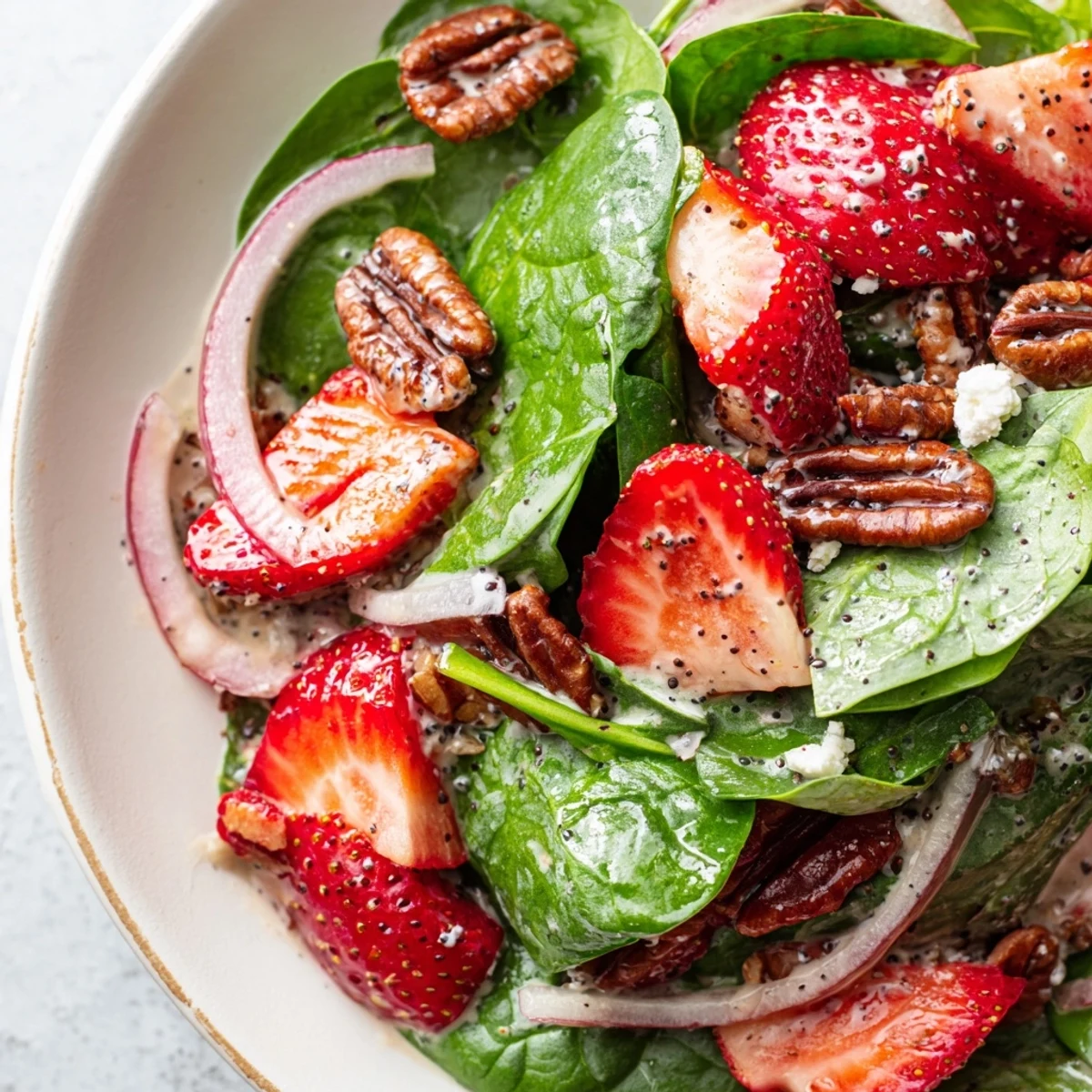 Fresh, vibrant Strawberry Spinach Salad with bright red strawberries and candied pecans, calling everyone!